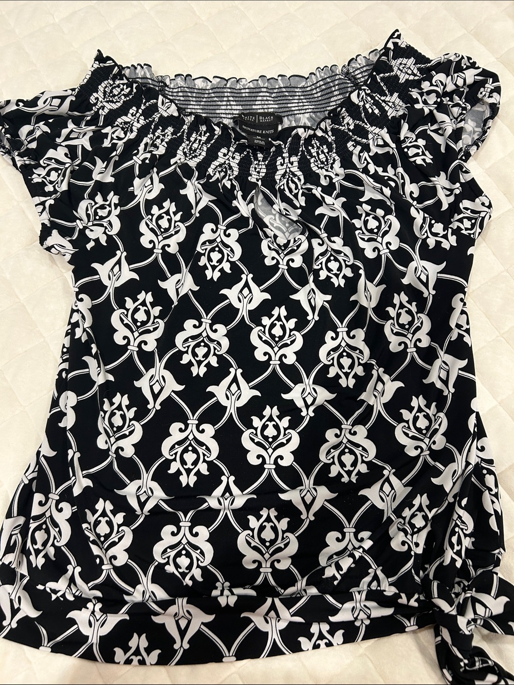 White House Black Market Black & White Smocked Neck Print Blouse